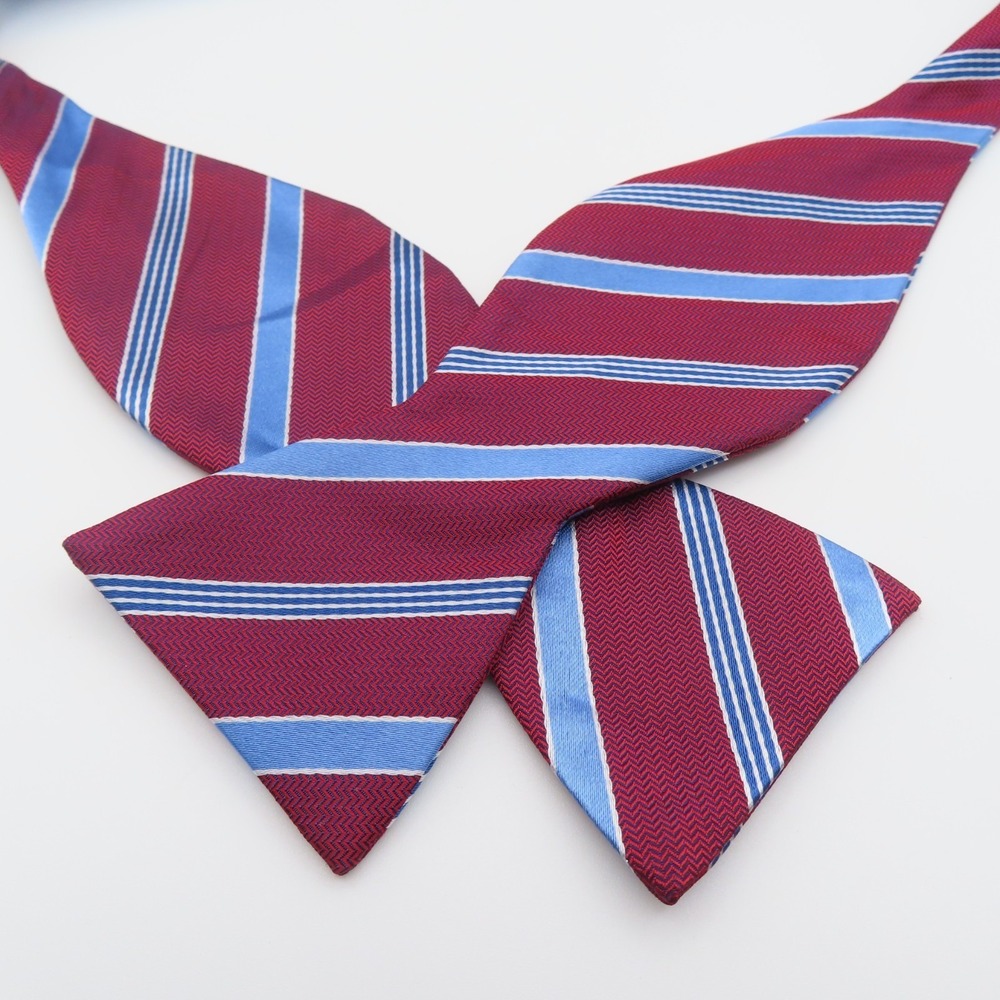 Saddlebred Bow Tie Red Blue Striped 2.25" Wide Self Tie Silk Polyester
